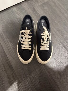 Prada Black Canvas Low-Top Sneakers with Cream Soles and Laces